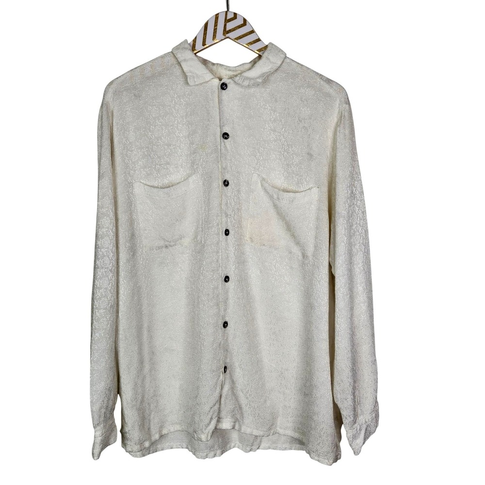 CP SHADES Shirt Womens Medium White Rayon‎ Jacquard Button Front Long Sleeve